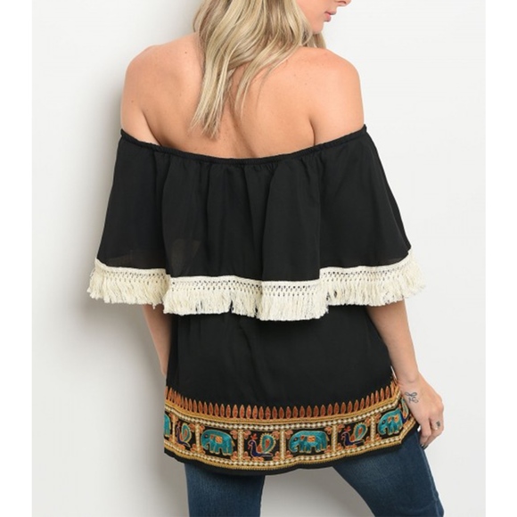 Black Elephant Peacock Off Shoulder Fringe top - Picture 2 of 3